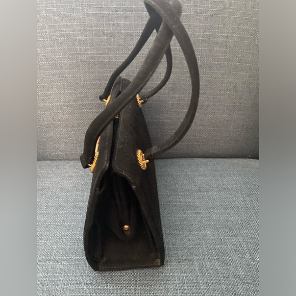 Vintage 2 Pieces Black Suede Leather Top Handle Handbag Gold Hardware Bee Accent - Picture 4 of 16